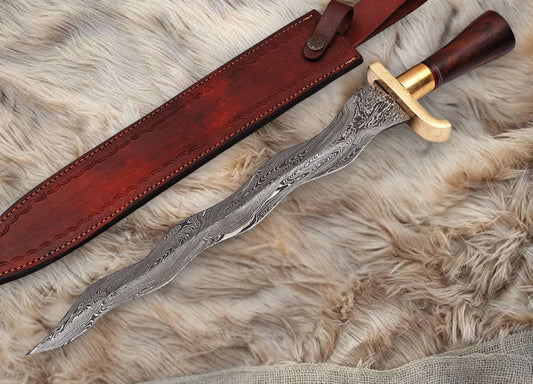 Handcrafted Damascus Steel Viking Sword – 512 Layer Double-Edged Blade, Premium Leather Sheath | Medieval Battle-Ready Sword, Fantasy Weapon, Collector's Edition