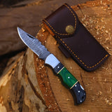 Premium Damascus Steel Folding Knife with Back Lock & Leather Sheath
