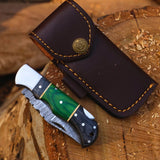 Premium Damascus Steel Folding Knife with Back Lock & Leather Sheath