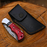 Handmade Copper Damascus Folding Knife – Red Handle