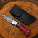 Handmade Copper Damascus Folding Knife – Red Handle