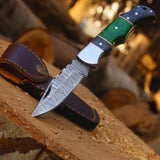 Premium Damascus Steel Folding Knife with Back Lock & Leather Sheath
