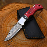 Handmade Copper Damascus Folding Knife – Red Handle