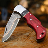 Handmade Copper Damascus Folding Knife – Red Handle