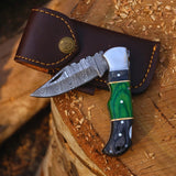 Premium Damascus Steel Folding Knife with Back Lock & Leather Sheath