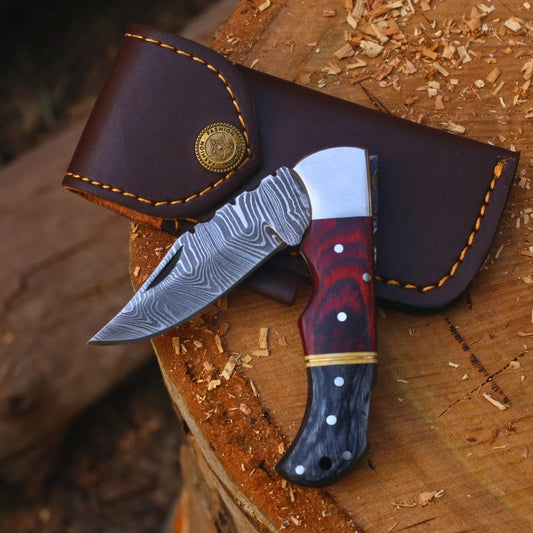 Premium Handmade Damascus Folding Knife with Sheath