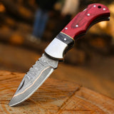 Handmade Copper Damascus Folding Knife – Red Handle