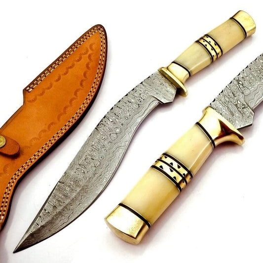Custom Handmade Damascus Steel Kukri Hunting Knife with Bone Handle & Leather Sheath