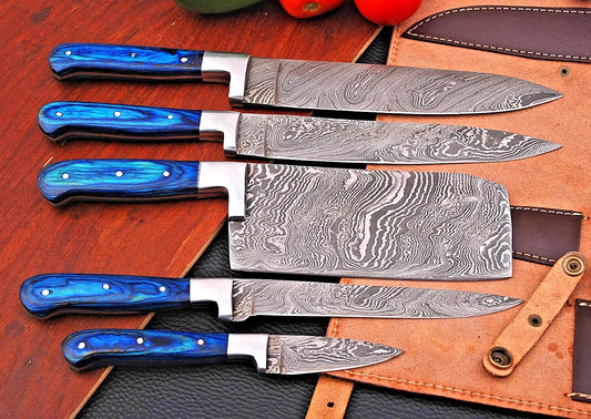 Custom Damascus Steel Chef Knife Set | Hand-Forged Professional Kitchen Knives with Leather Case