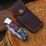 Premium Handmade Damascus Folding Knife with Sheath