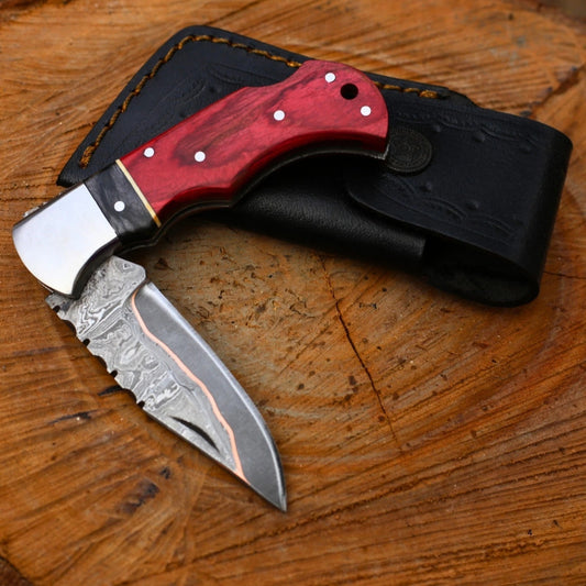Handmade Copper Damascus Folding Knife – Red Handle