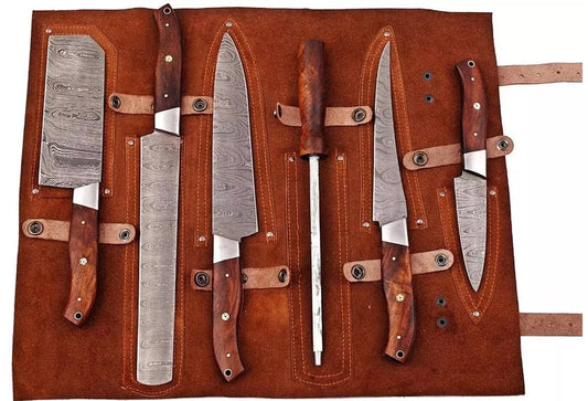 Premium Handmade Damascus Steel Chef Knife Set - 5-Piece with Leather Roll, High-Quality Kitchen Knives