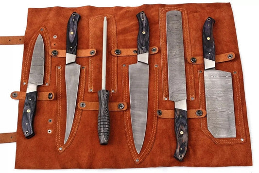 Premium Handmade Damascus Steel Chef Knife Set with Black Wooden Handles - 5-Piece Kitchen Knife Set with Leather Roll