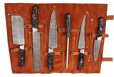 Premium Handmade Damascus Steel Chef Knife Set with Black Wooden Handles - 5-Piece Kitchen Knife Set with Leather Roll
