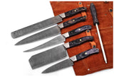 Premium Handmade Damascus Steel Chef Knife Set with Black Wooden Handles - 5-Piece Kitchen Knife Set with Leather Roll