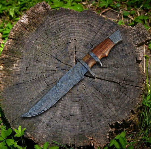 Rosewood Handle Handmade Damascus Knife | Custom Outdoor Blade Gift for Him | Rustic Bowie Knife for Camping, Hunting & Special Occasions
