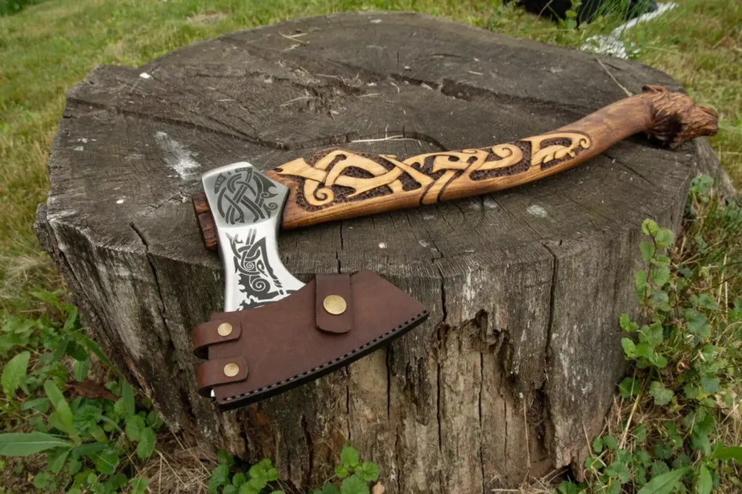 Handcrafted Viking Axe - Custom Engraved Wood Handle with Unique Design | Premium Quality Survival Tool