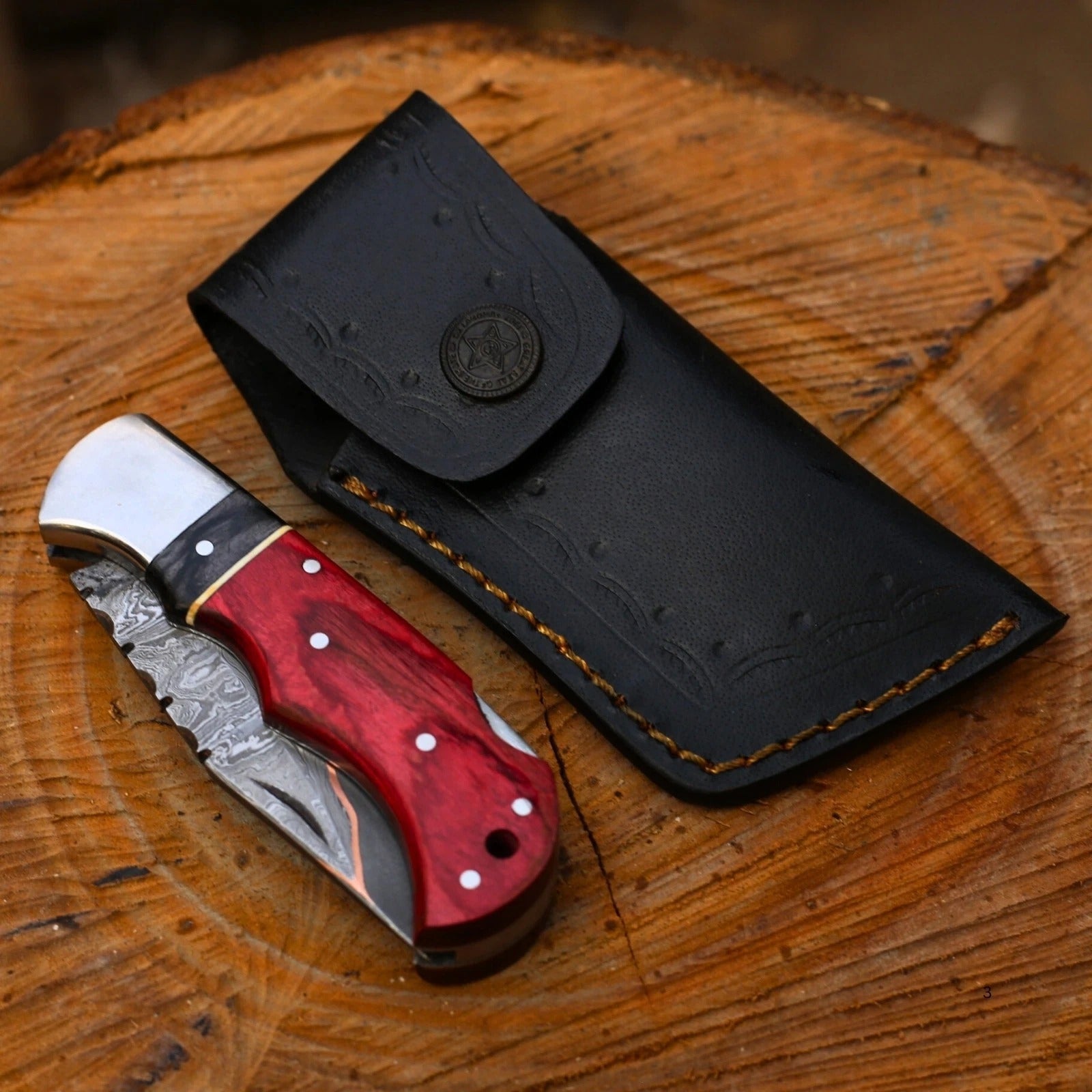 Handmade Copper Damascus Folding Knife – Red Handle