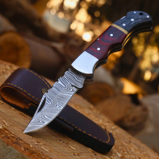 Premium Handmade Damascus Folding Knife with Sheath