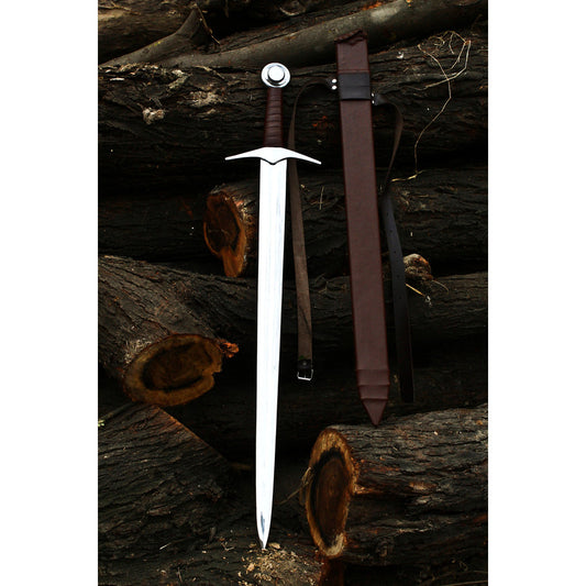 Handmade 38-inch Waylander Knight Sword, High Carbon Steel, Battle Ready Medieval Arming Sword with brown leather-wrapped handle and matching wooden scabbard.