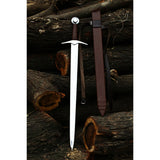 Handmade 38-inch Waylander Knight Sword, High Carbon Steel, Battle Ready Medieval Arming Sword with brown leather-wrapped handle and matching wooden scabbard.
