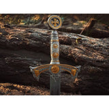 Handmade Templar Knight Sacred Holy Longsword, full length medieval steel sword with ornate design and leather sheath.