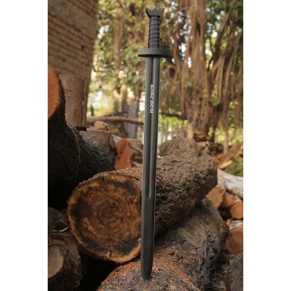 Custom handmade carbon steel Viking sword with runes, 36 inch master blade and rosewood handle, with leather sheath.
