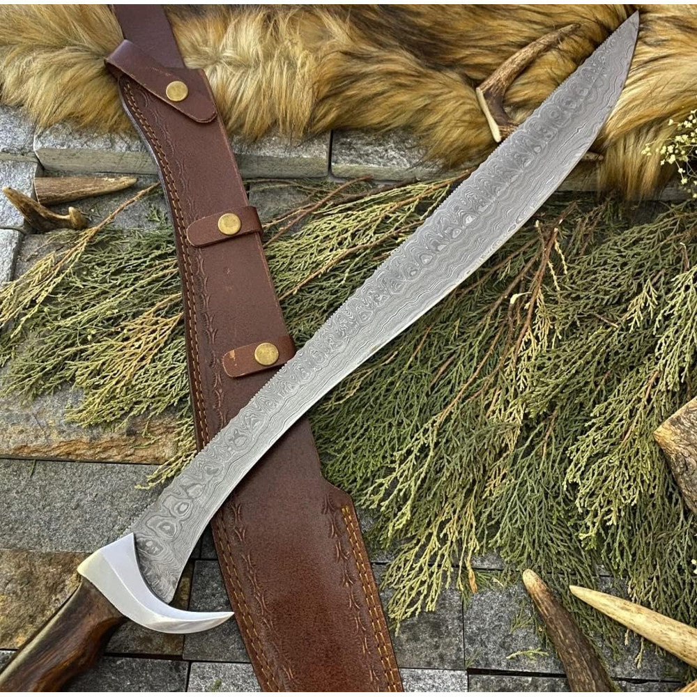 34" Hand-Forged Damascus Steel Calymore Viking Sword with Leather Sheath | Sharp Blade