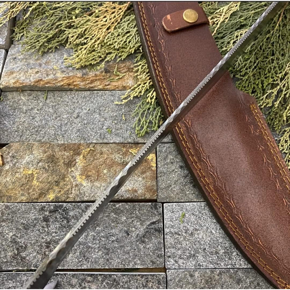 34" Hand-Forged Damascus Steel Calymore Viking Sword with Leather Sheath | Sharp Blade