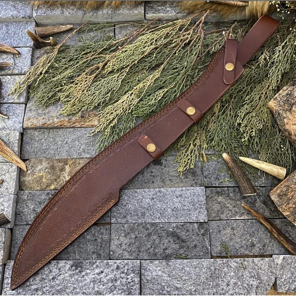 34" Hand-Forged Damascus Steel Calymore Viking Sword with Leather Sheath | Sharp Blade