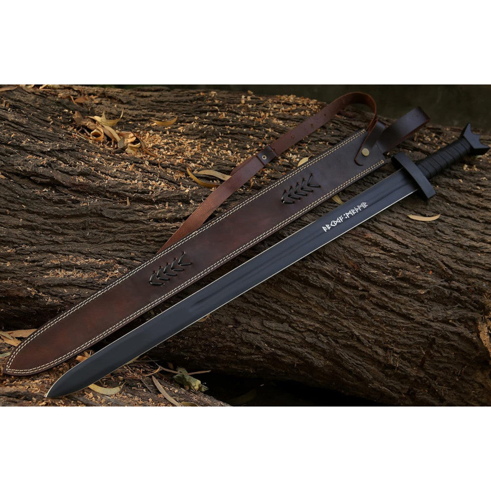 36" Full Tang Viking Sword, Handmade Carbon Steel Blade, Rosewood Handle & Leather Sheath