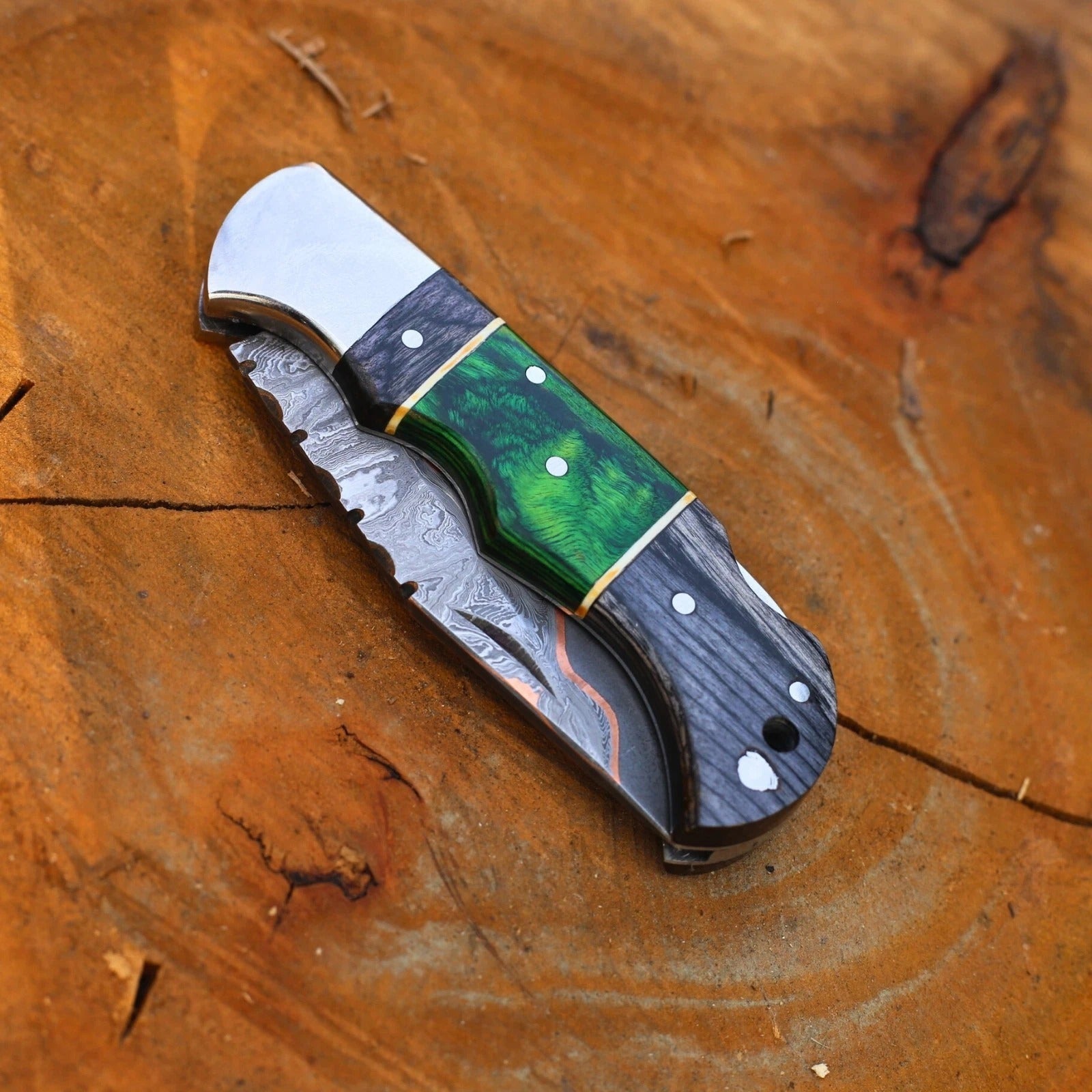 Copper Damascus Steel Folding Knife | Handmade Pocket